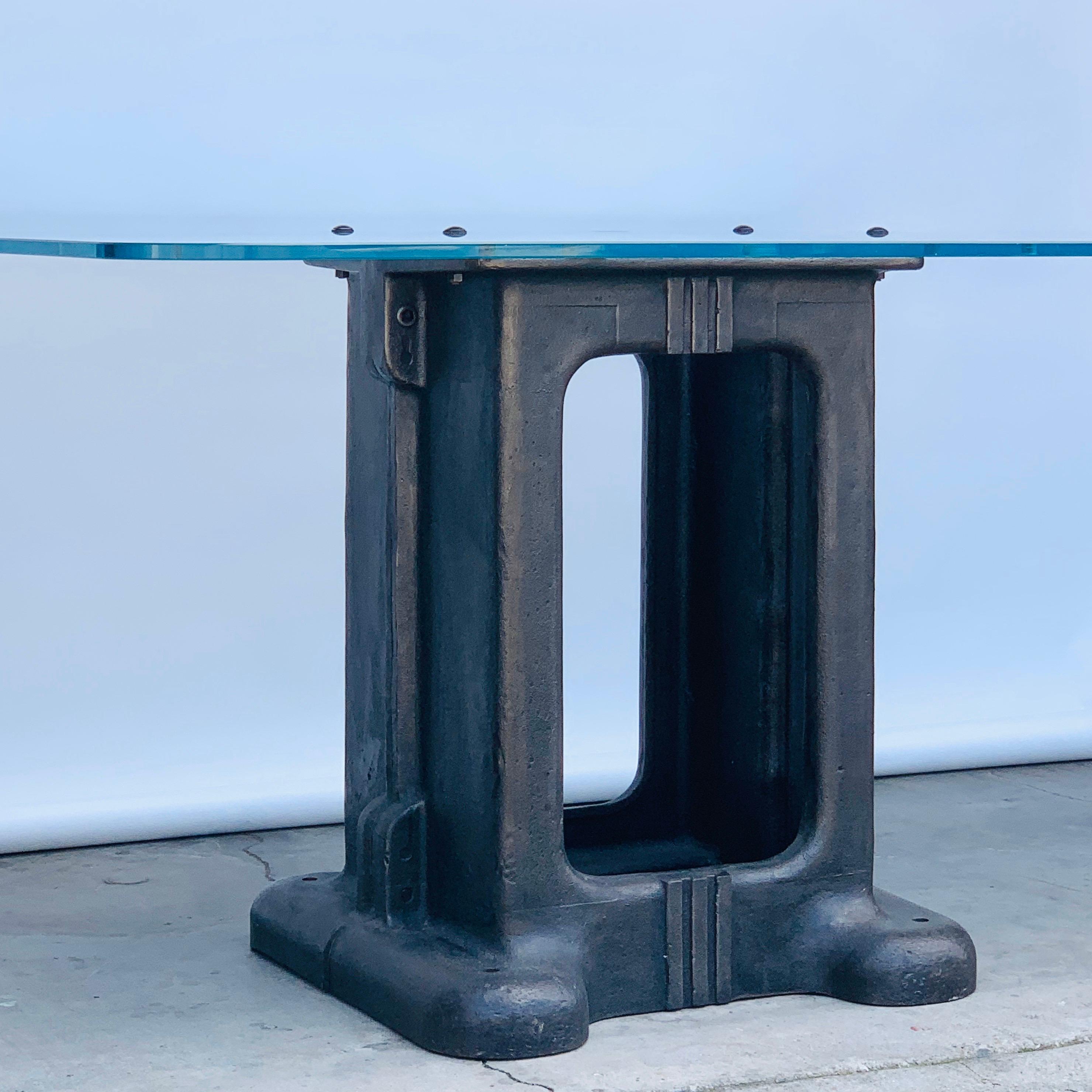 Sculptural Cast Iron Pedestal and Glass Industrial Dining / Work Table In Excellent Condition For Sale In Los Angeles, CA