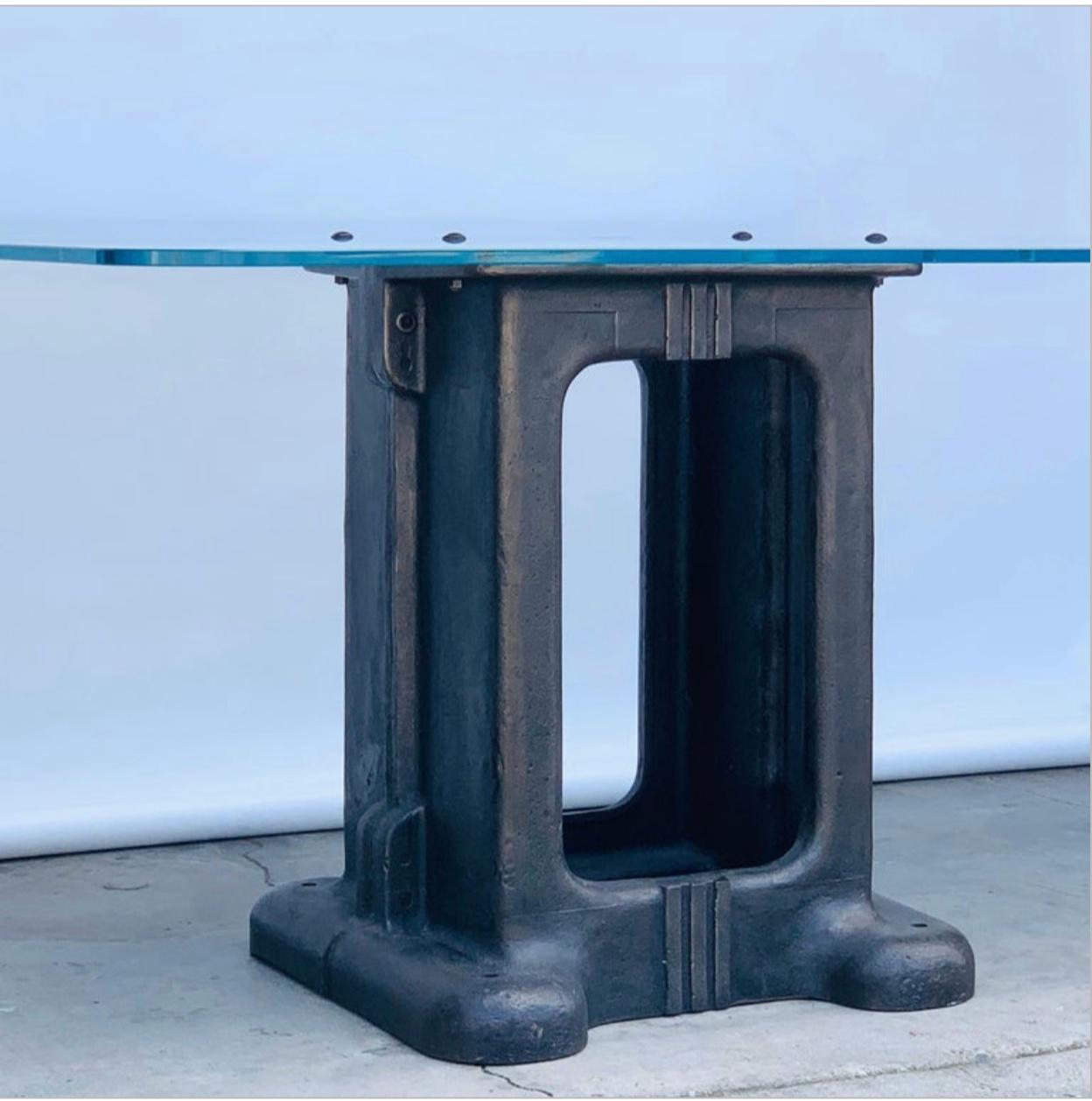 Sculptural Cast Iron Pedestal and Glass Industrial Dining / Work Table In Excellent Condition For Sale In Los Angeles, CA