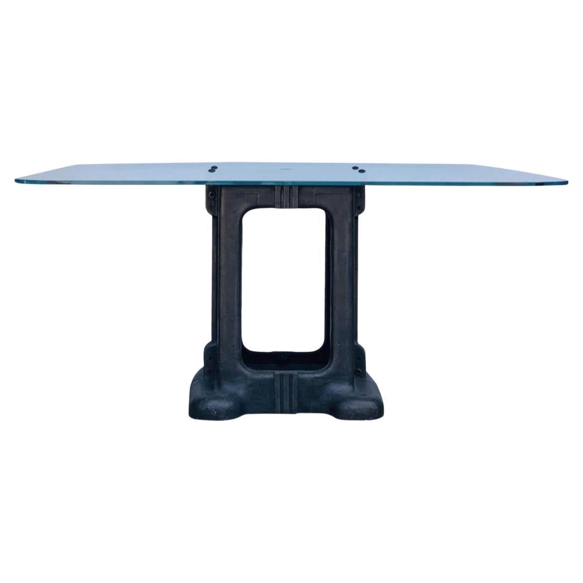 Sculptural Cast Iron Pedestal and Glass Industrial Dining / Work Table For Sale