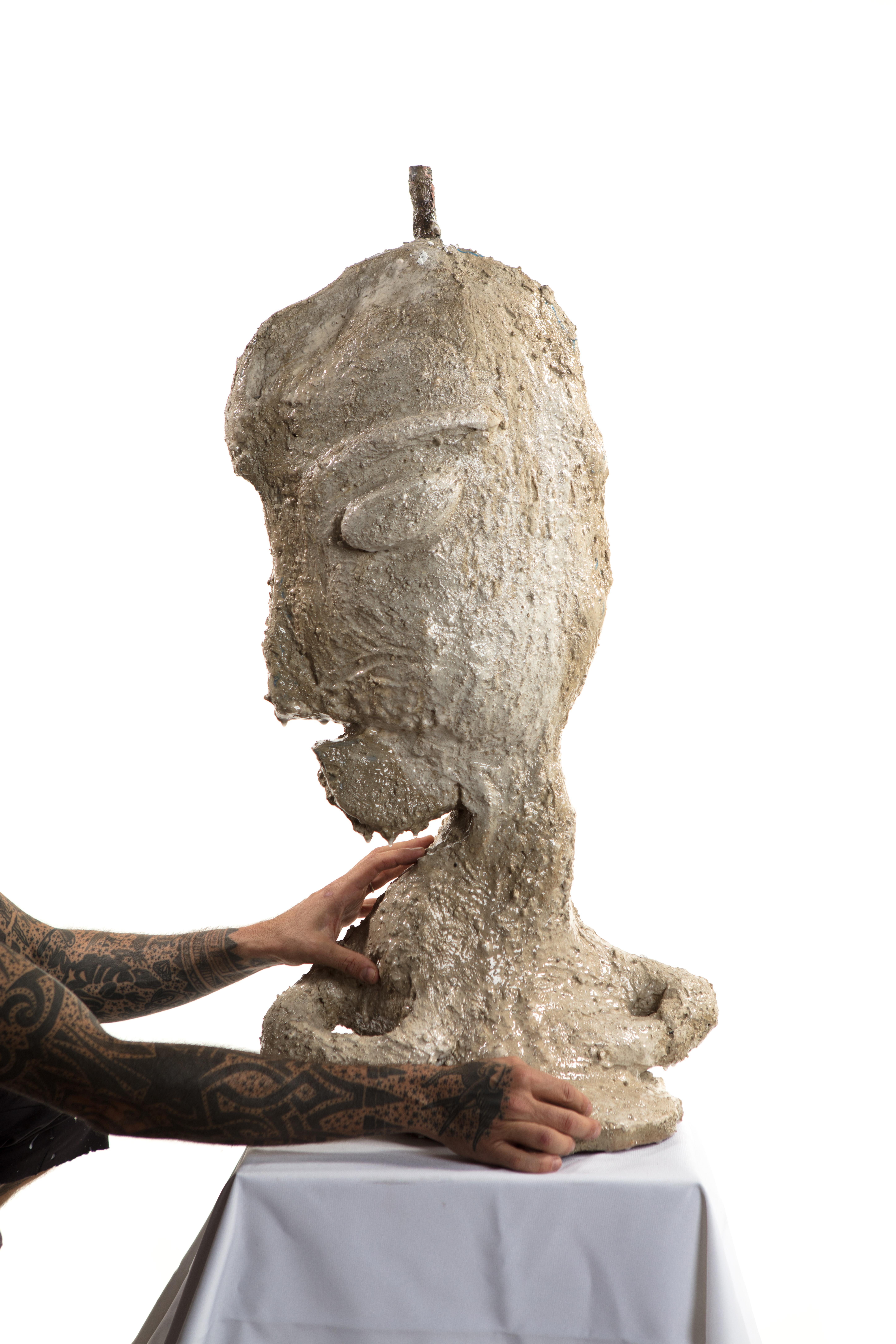 Contemporary Cement Gray Sculptural Figure Face, 21st Century by Mattia Biagi For Sale