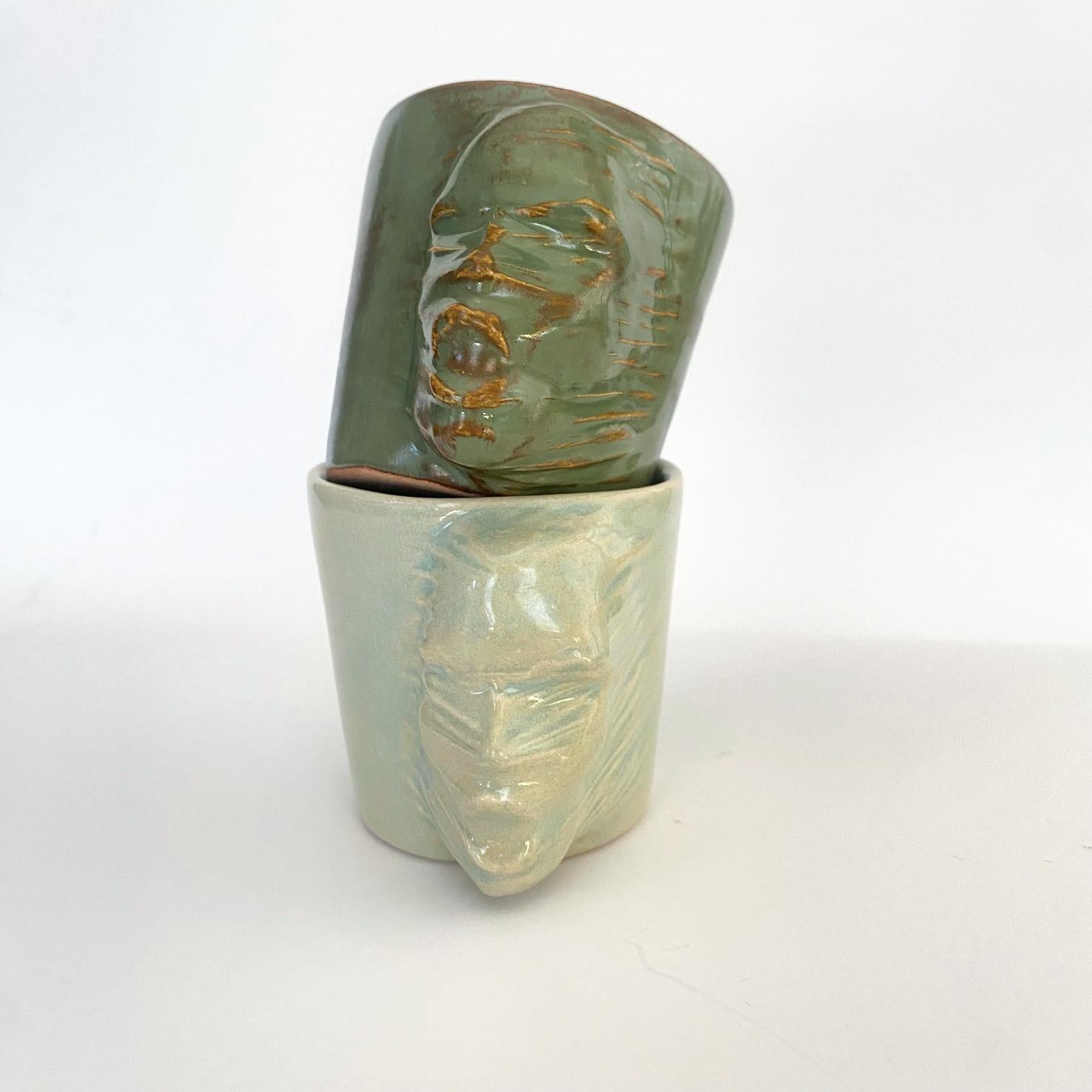 Modern Sculptural Ceramic Cups Set of 2 by Hulya Sozer, Face Silhouette, Earthly Greens For Sale