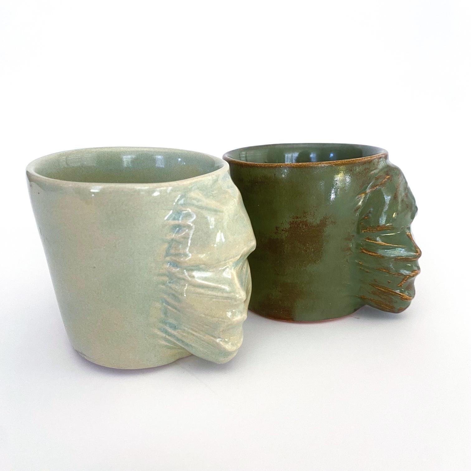 Turkish Sculptural Ceramic Cups Set of 2 by Hulya Sozer, Face Silhouette, Earthly Greens For Sale