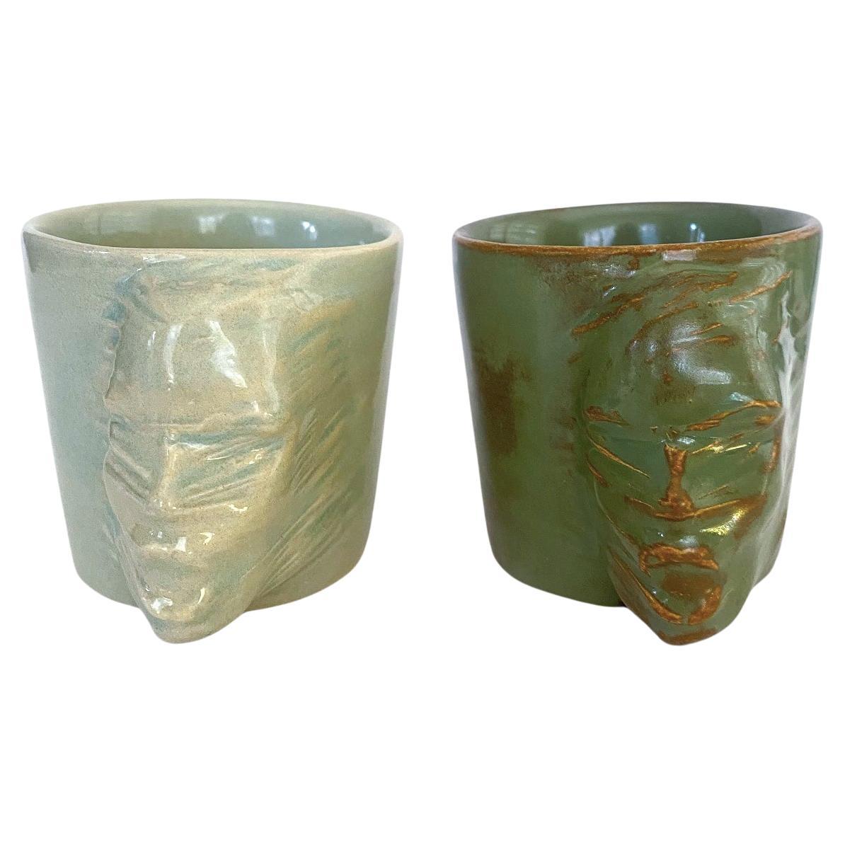Sculptural Ceramic Cups Set of 2 by Hulya Sozer, Face Silhouette, Earthly Greene