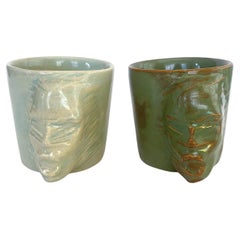 Sculptural Ceramic Cups Set of 2 by Hulya Sozer, Face Silhouette, Earthly Greens