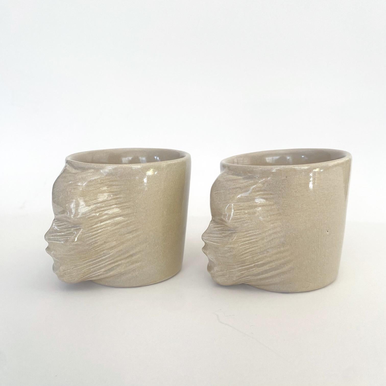 Modern Sculptural Ceramic Cups Set of 2 by Hulya Sozer, Face Silhouette, Sand Beige For Sale