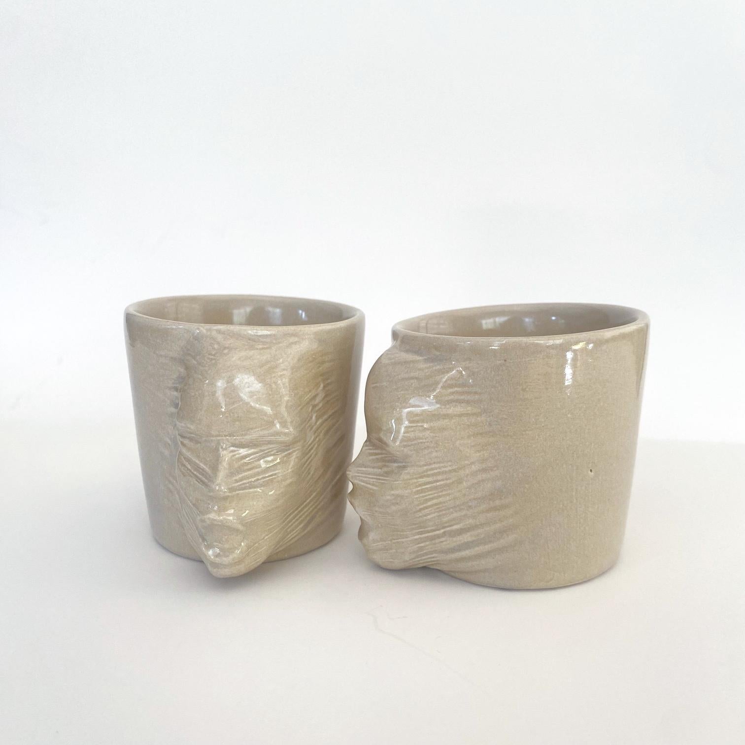 Turkish Sculptural Ceramic Cups Set of 2 by Hulya Sozer, Face Silhouette, Sand Beige For Sale