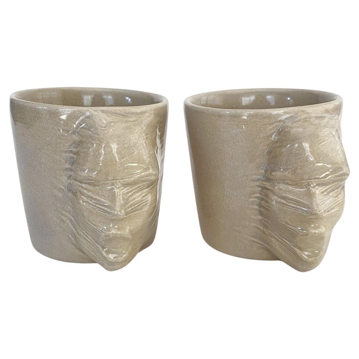 Sculptural Ceramic Cups Set of 2 by Hulya Sozer, Face Silhouette, Sand Beige For Sale
