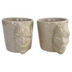 Sculptural Ceramic Cups Set of 2 by Hulya Sozer, Face Silhouette, Sand Beige
