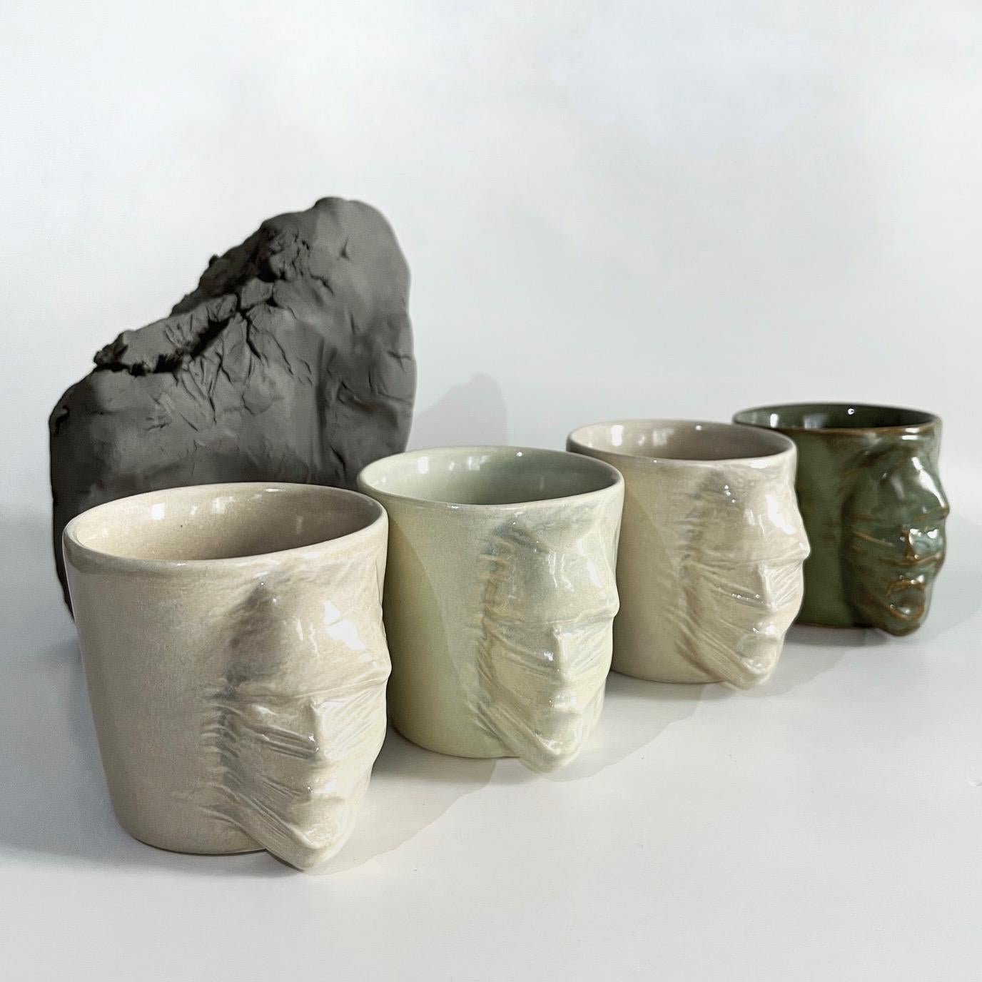 Modern Sculptural Ceramic Cups Set of 4 by Hulya Sozer, Face Silhouette, Earth Tones For Sale