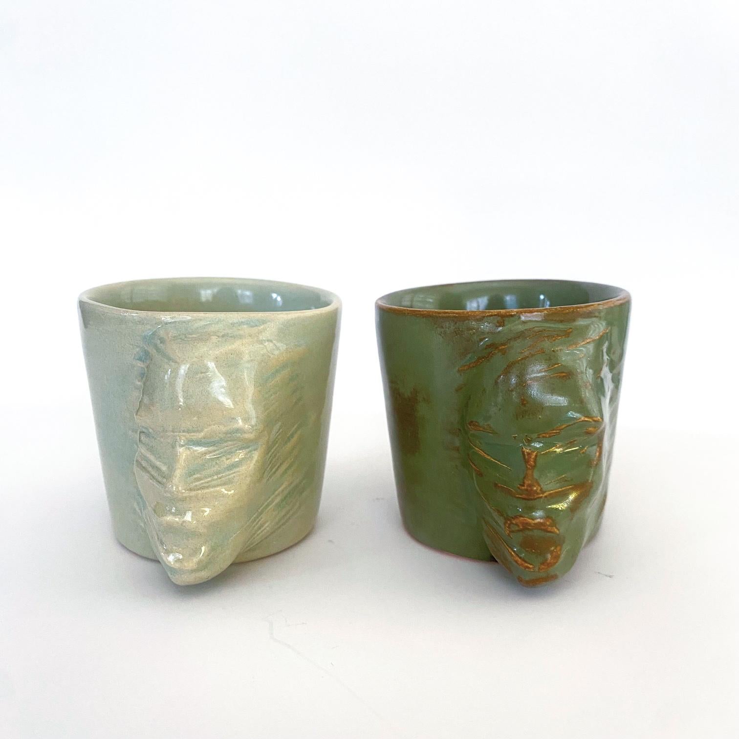 Turkish Sculptural Ceramic Cups Set of 4 by Hulya Sozer, Face Silhouette, Earth Tones For Sale