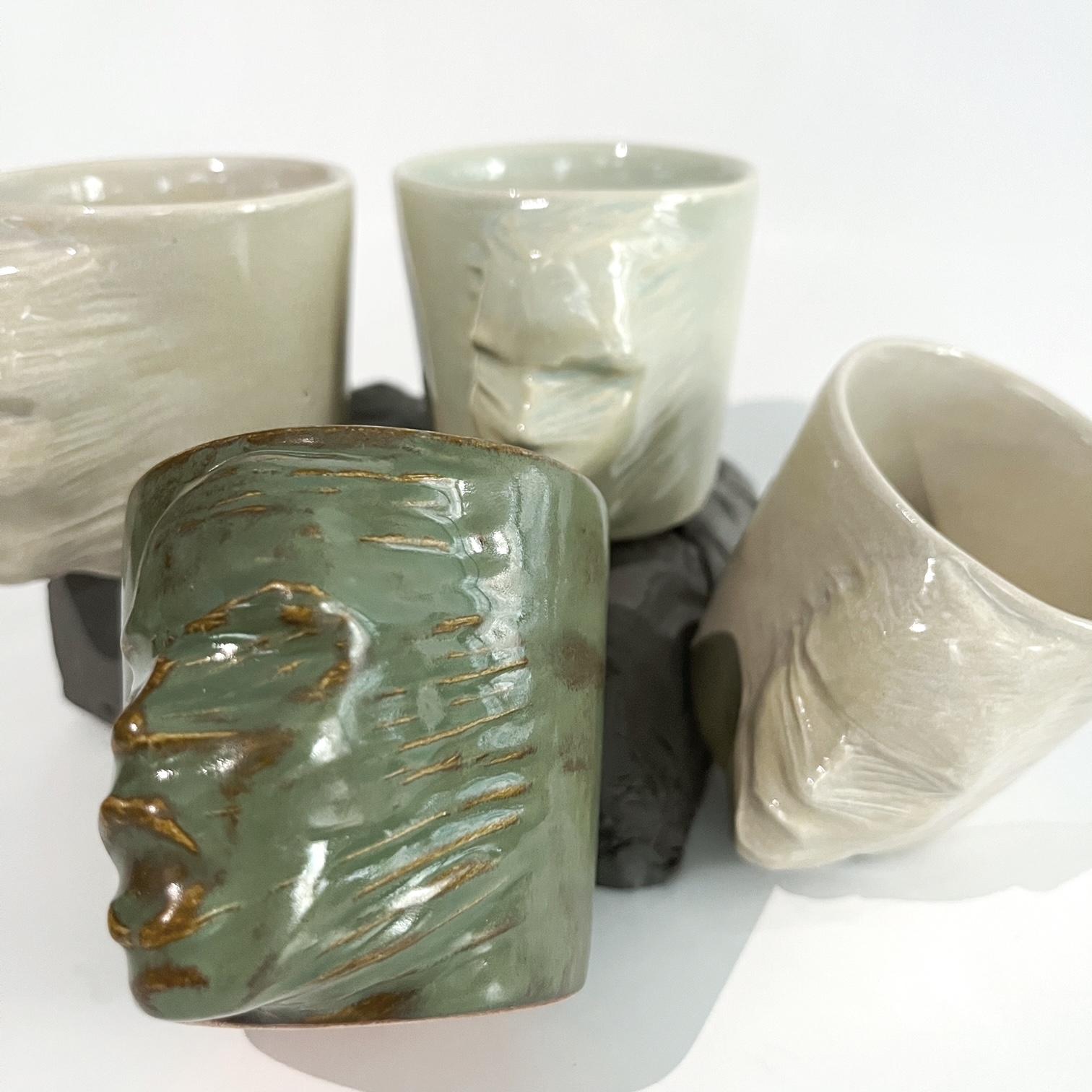 Glazed Sculptural Ceramic Cups Set of 4 by Hulya Sozer, Face Silhouette, Earth Tones For Sale