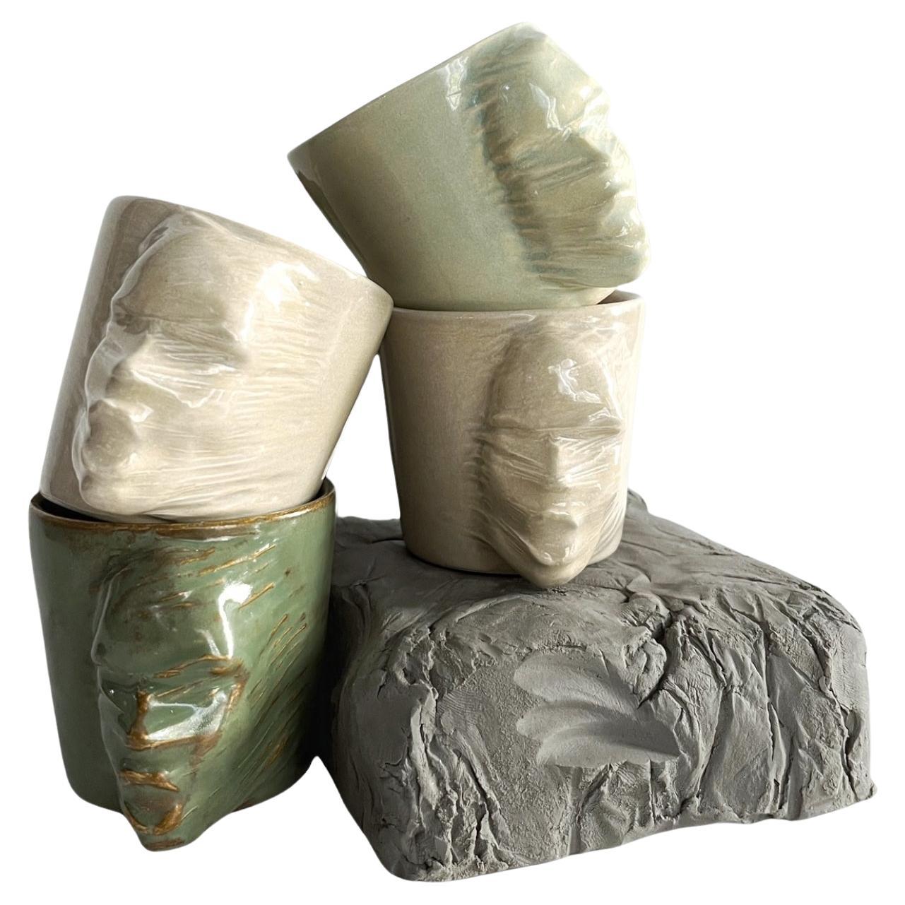 Sculptural Ceramic Cups Set of 4 by Hulya Sozer, Face Silhouette, Earth Tones