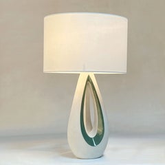Organic French 1950's Table Lamp in White and Green Ceramic