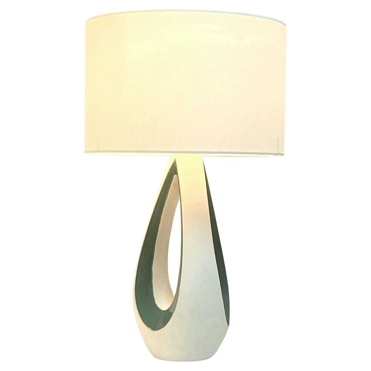 Sculptural Ceramic French 1950's Table Lamp in White and Green For Sale