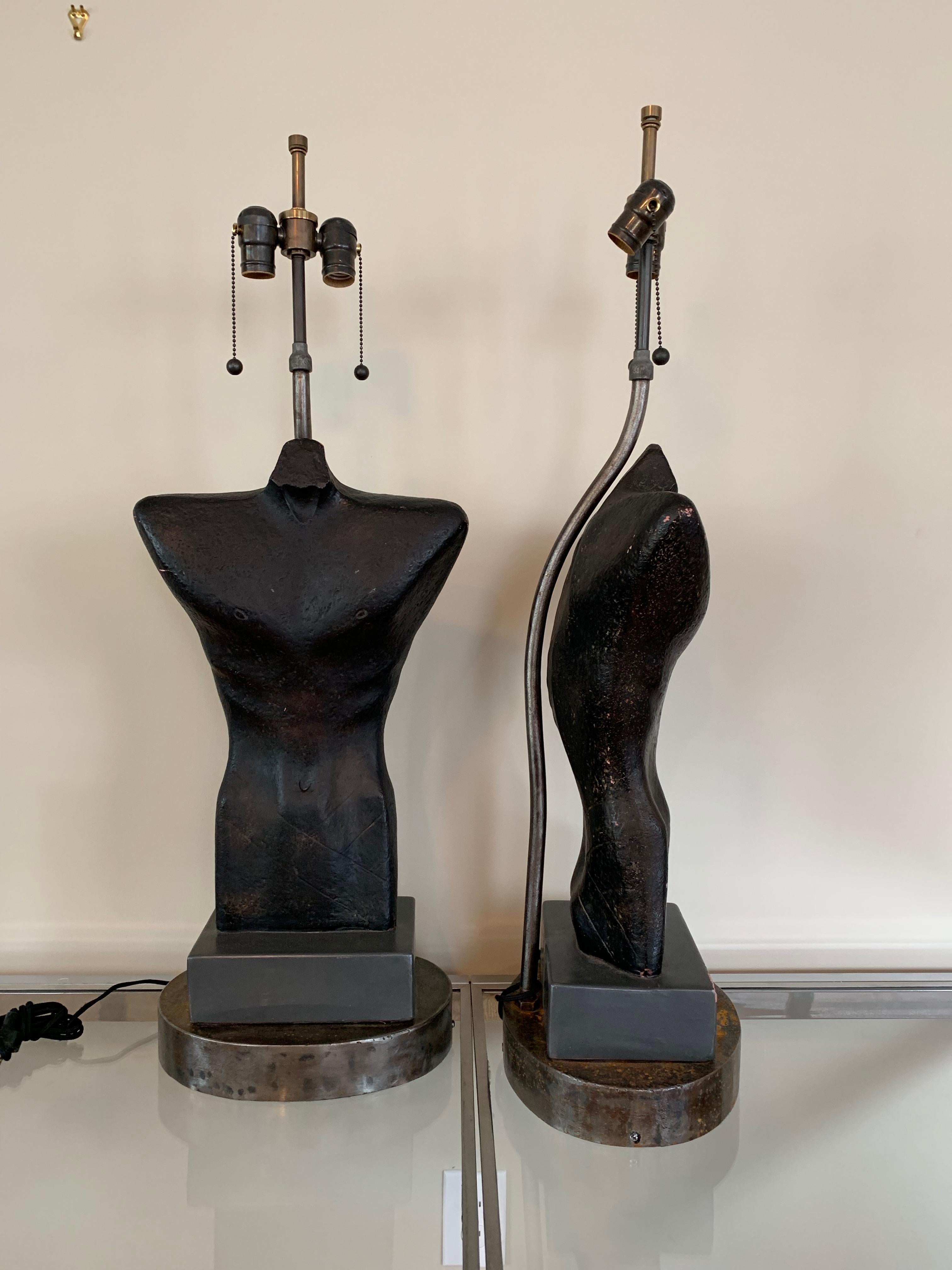 Sculptural Ceramic Male Torso Lamps by Gwen Lux a Pair from 1948 Mid Century In Good Condition For Sale In Philadelphia, PA