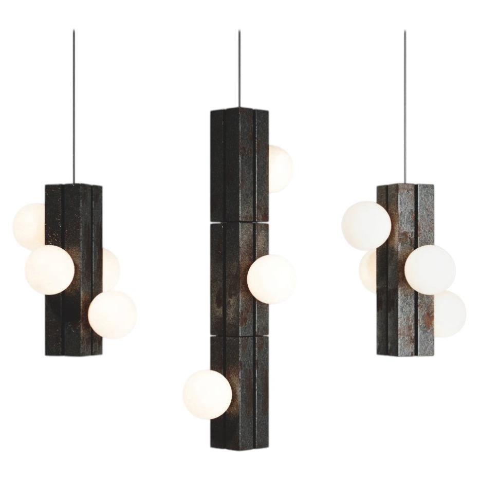 Sculptural Ceramic Pendant Light / Modern Totem Chandelier in Oxidized Dark Rust For Sale