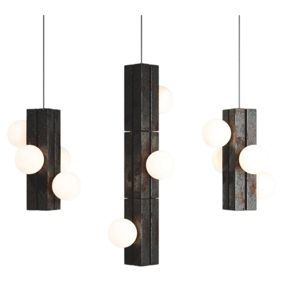 Sculptural Ceramic Pendant Light / Modern Totem Chandelier in Oxidized Dark Rust For Sale