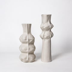 Sculptural Ceramic White Kawa Vase 2/set, Tactile, Tall, Leather-cast Porcelain