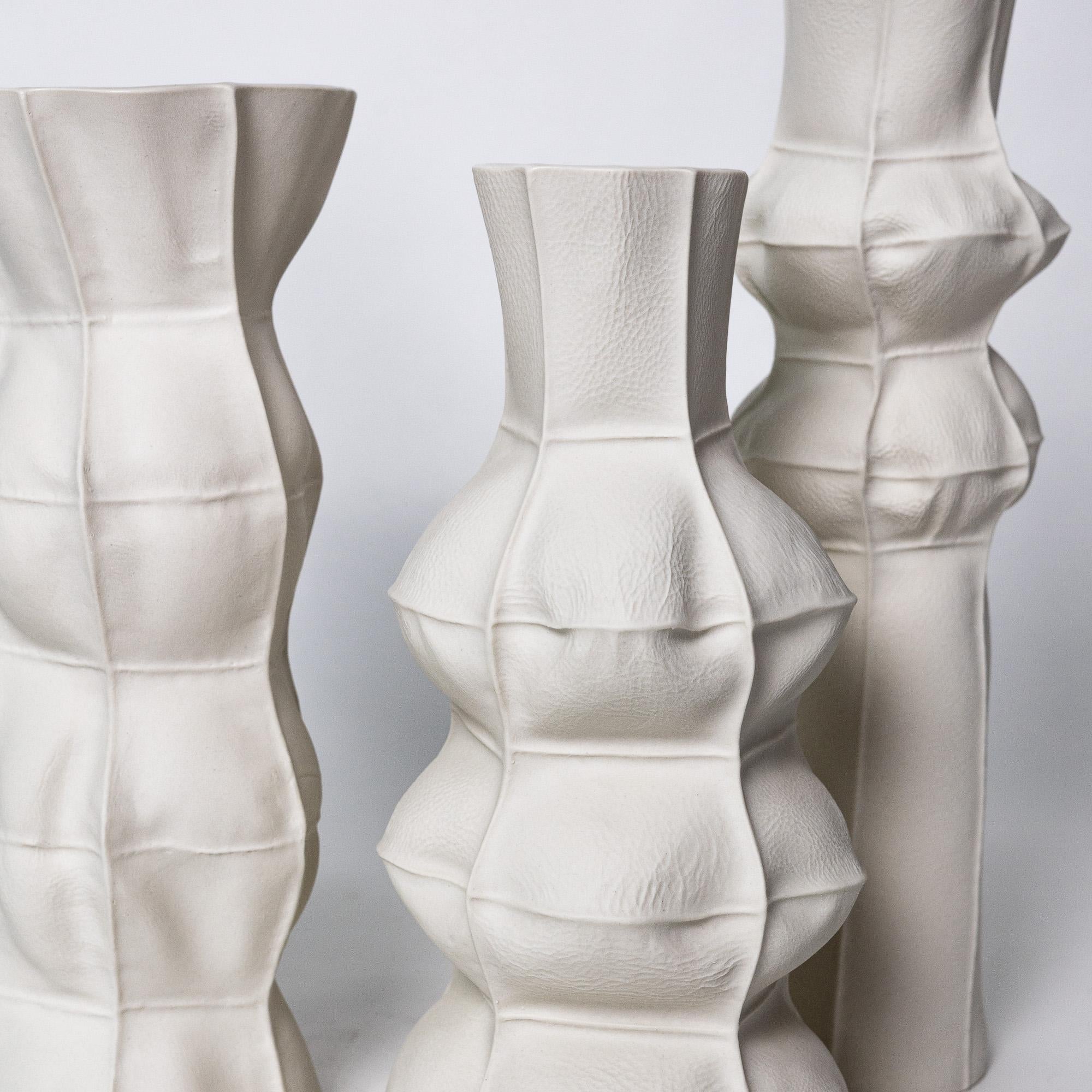 Modern Sculptural Ceramic White Kawa Vase 3/set, Tactile, Tall, Leather-cast Porcelain For Sale