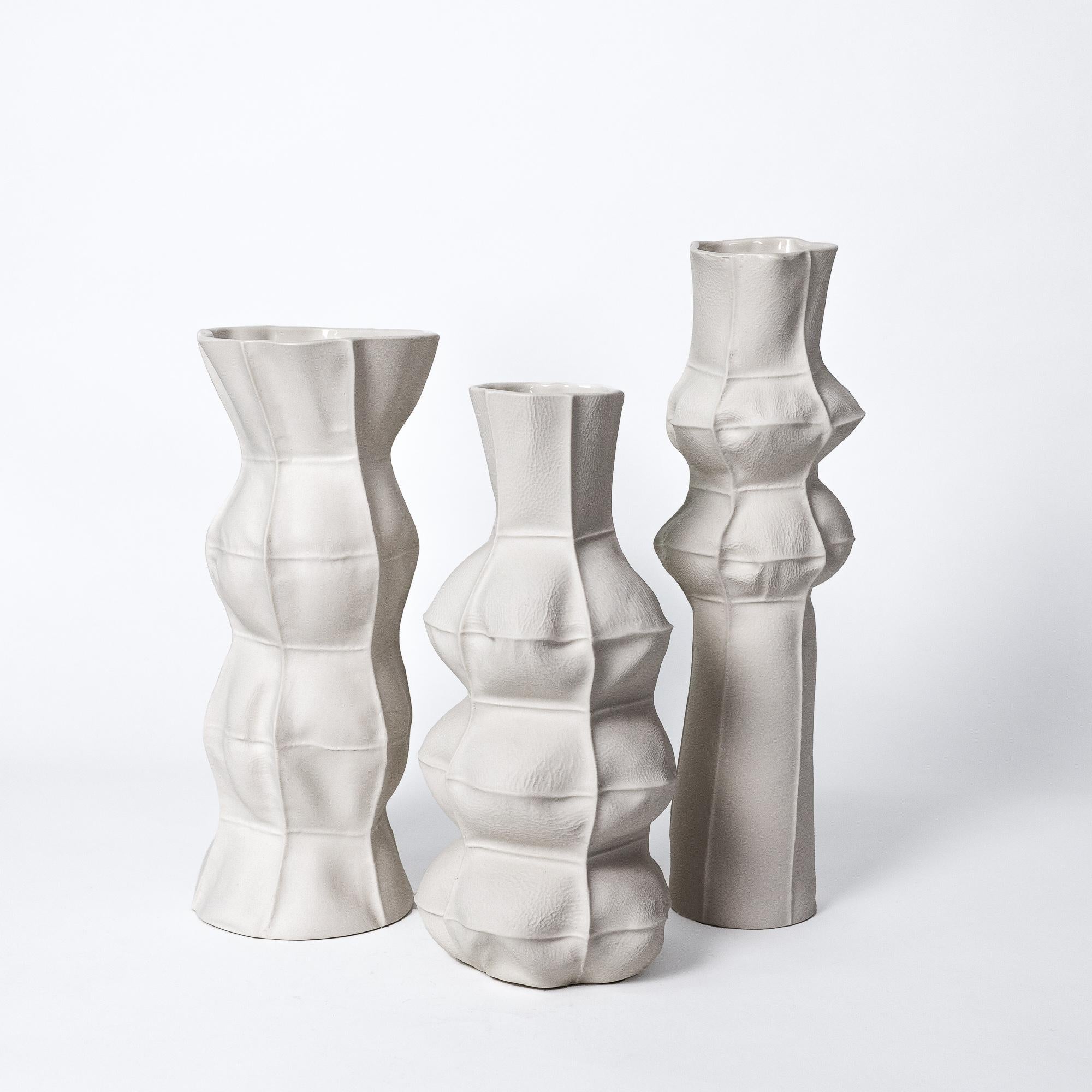 American Sculptural Ceramic White Kawa Vase 3/set, Tactile, Tall, Leather-cast Porcelain For Sale