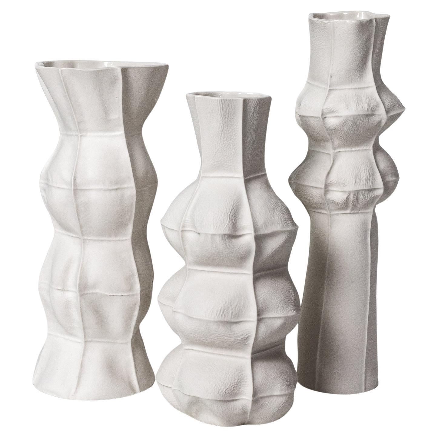 Sculptural Ceramic White Kawa Vase 3/set, Tactile, Tall, Leather-cast Porcelain For Sale