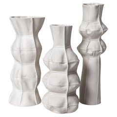 Sculptural Ceramic White Kawa Vase 3/set, Tactile, Tall, Leather-cast Porcelain