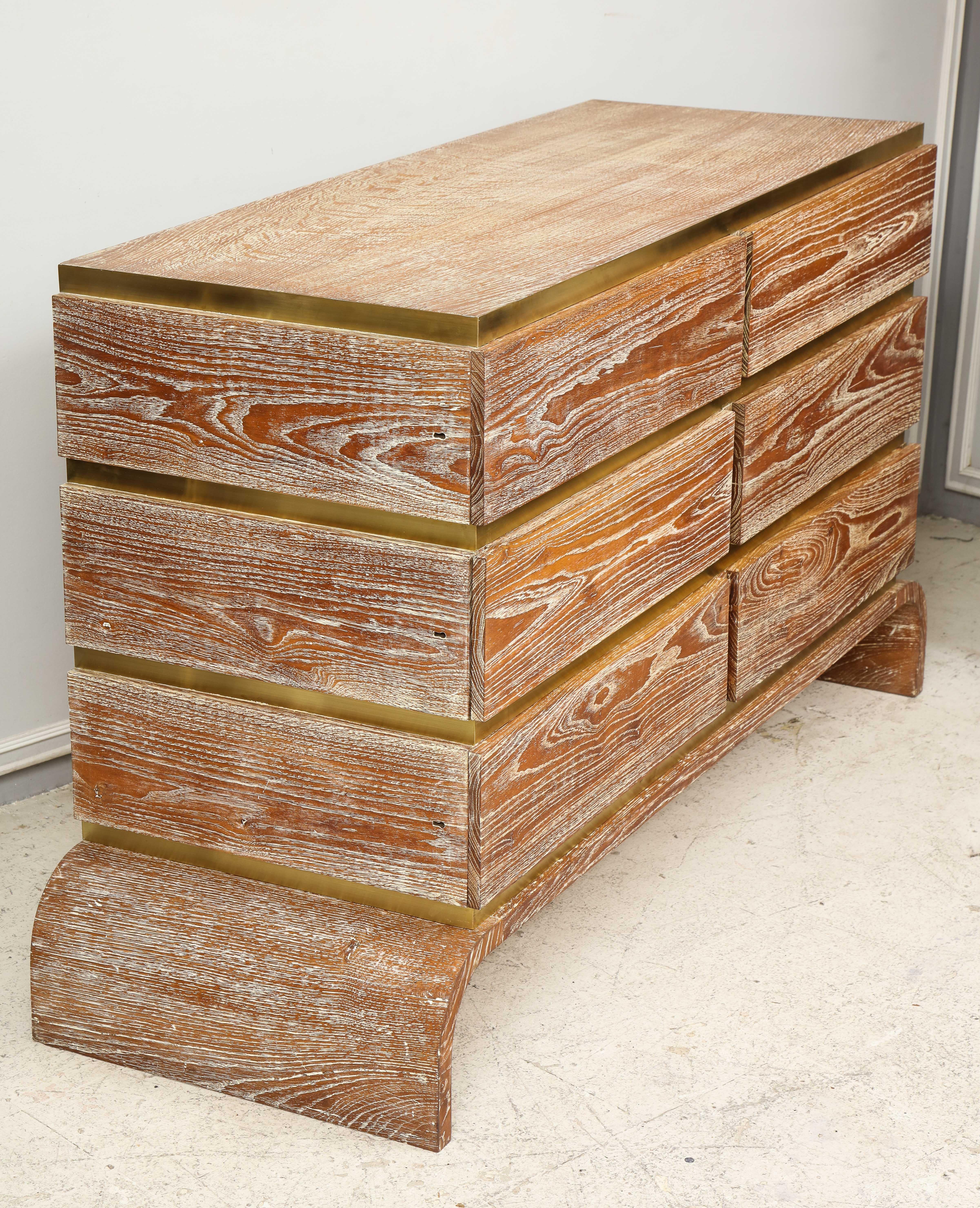 French Sculptural Cerused Oak Chest with Brass Trim