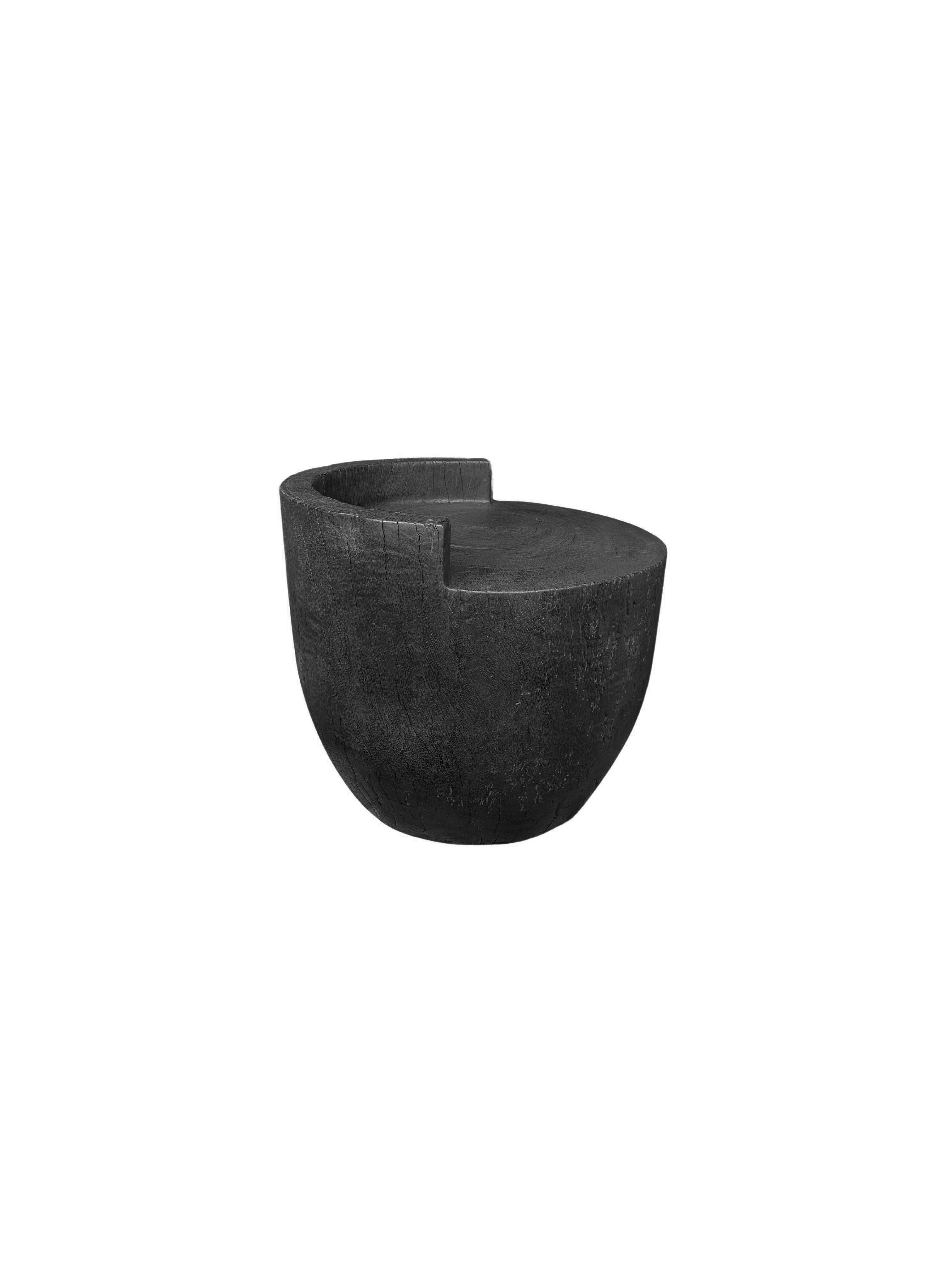 Hand-Crafted Sculptural Chair Carved from Solid Suar Wood, Modern Organic, Burnt Finish For Sale