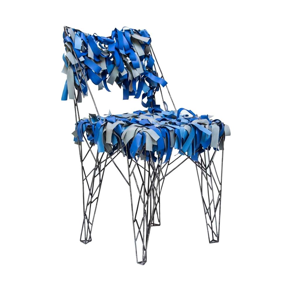 Skulpturaler Stuhl aus geschweißtem Metall mit blauem Leder von Italiananacleto Spazzapan