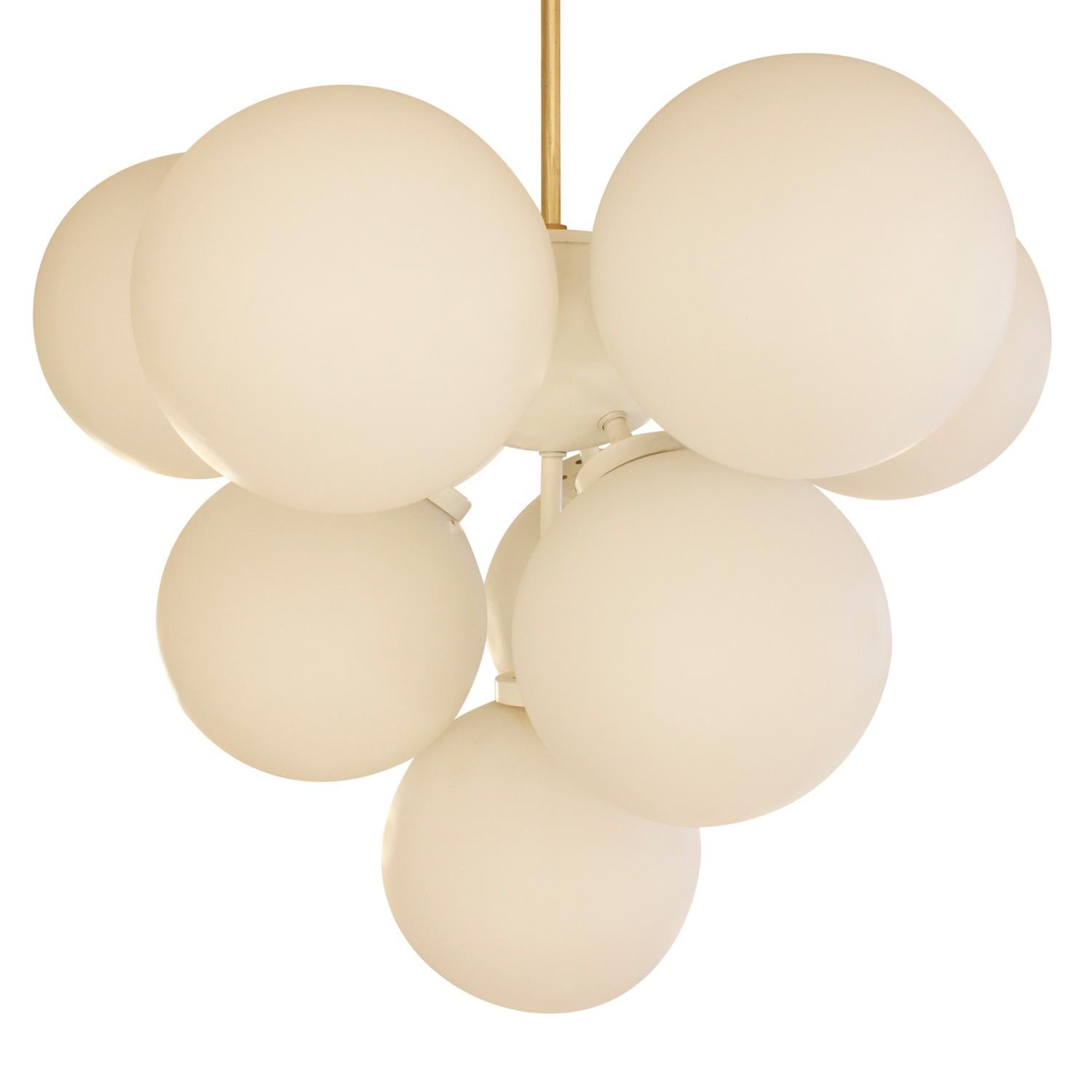 German Sculptural Chandelier in Brass with White Glass Globes, 1960s