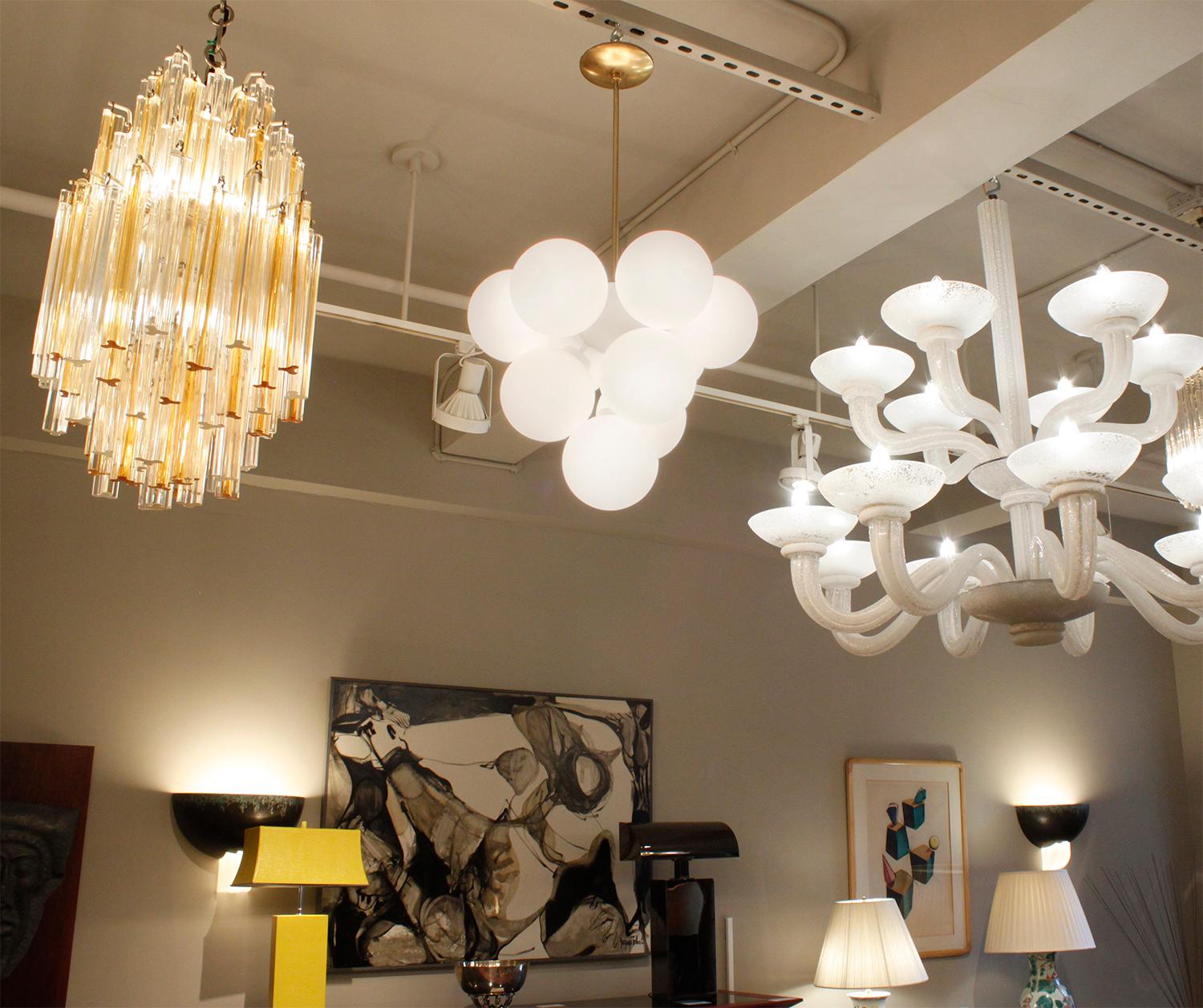 Mid-20th Century Sculptural Chandelier in Brass with White Glass Globes, 1960s