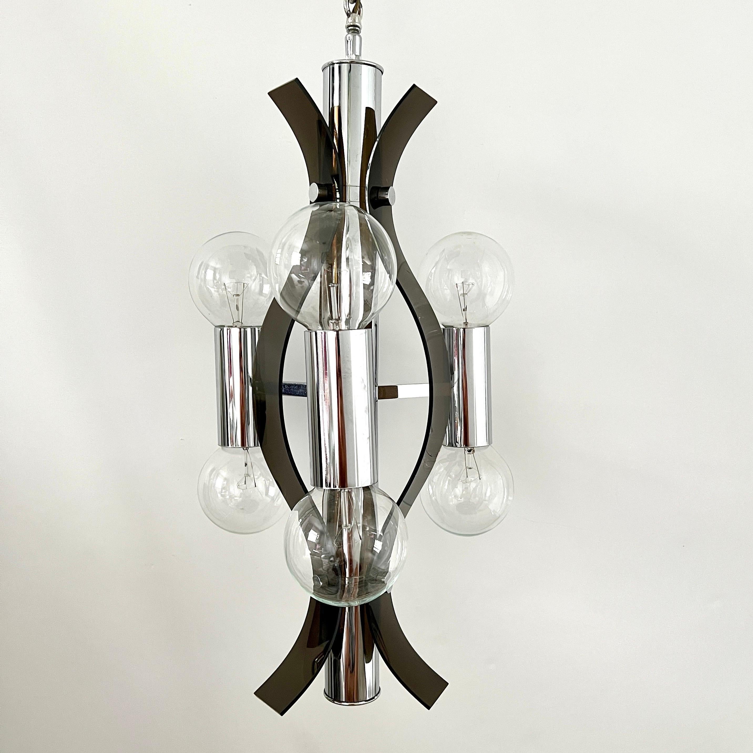 Sculptural Chandelier in Chrome and Smoked Lucite, Robert Sonneman, c. 1970's For Sale 3