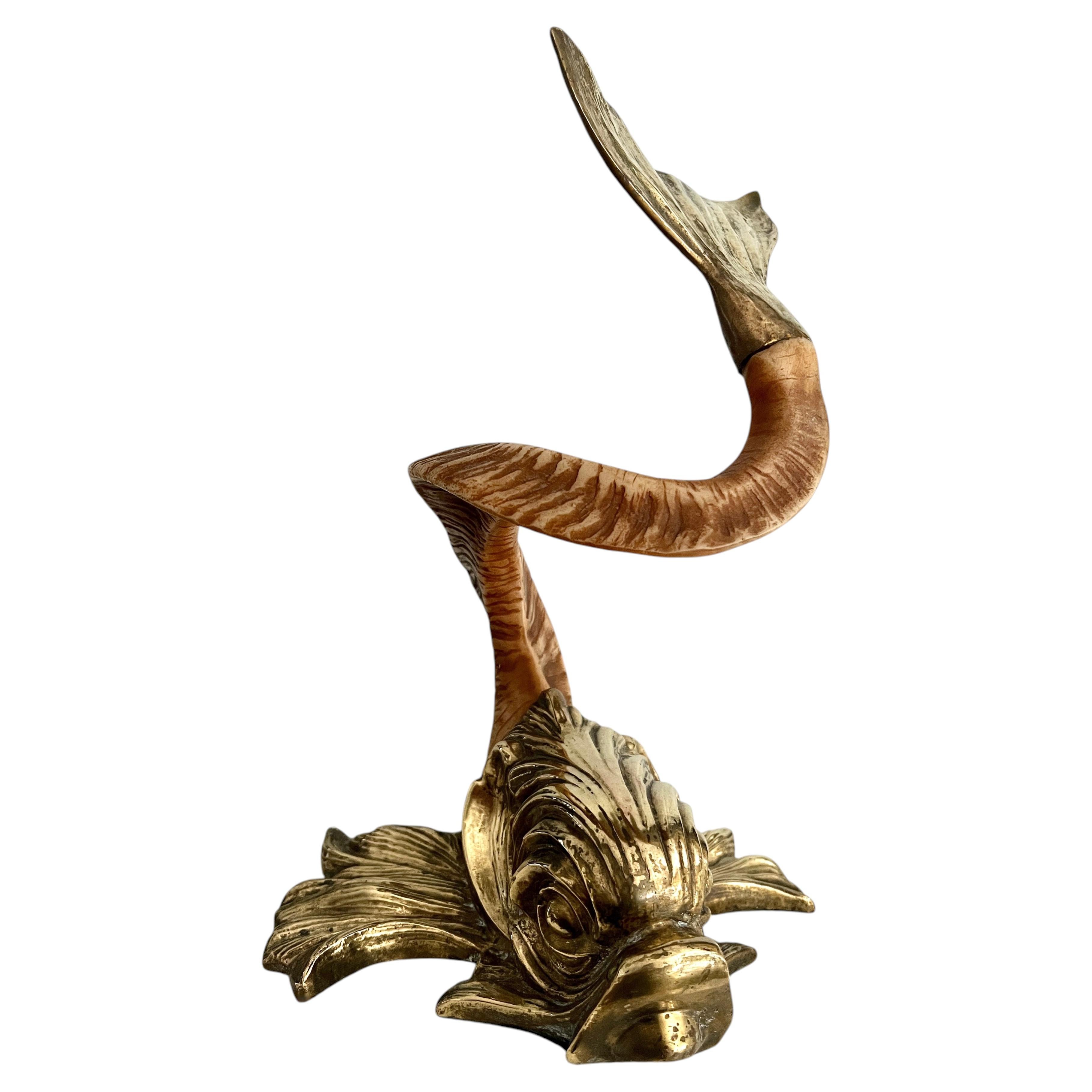 Sculptural Chapman Dolphin with Brass Head Antler Tail Brass Bookend For Sale