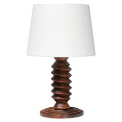 Sculptural Charles Dudouyt Attributed Table Lamp in Oak and Linen, France, 1950s