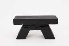 Sculptural Charred Wood Stool, Geometric Base, Solid Hardwood, Logniture