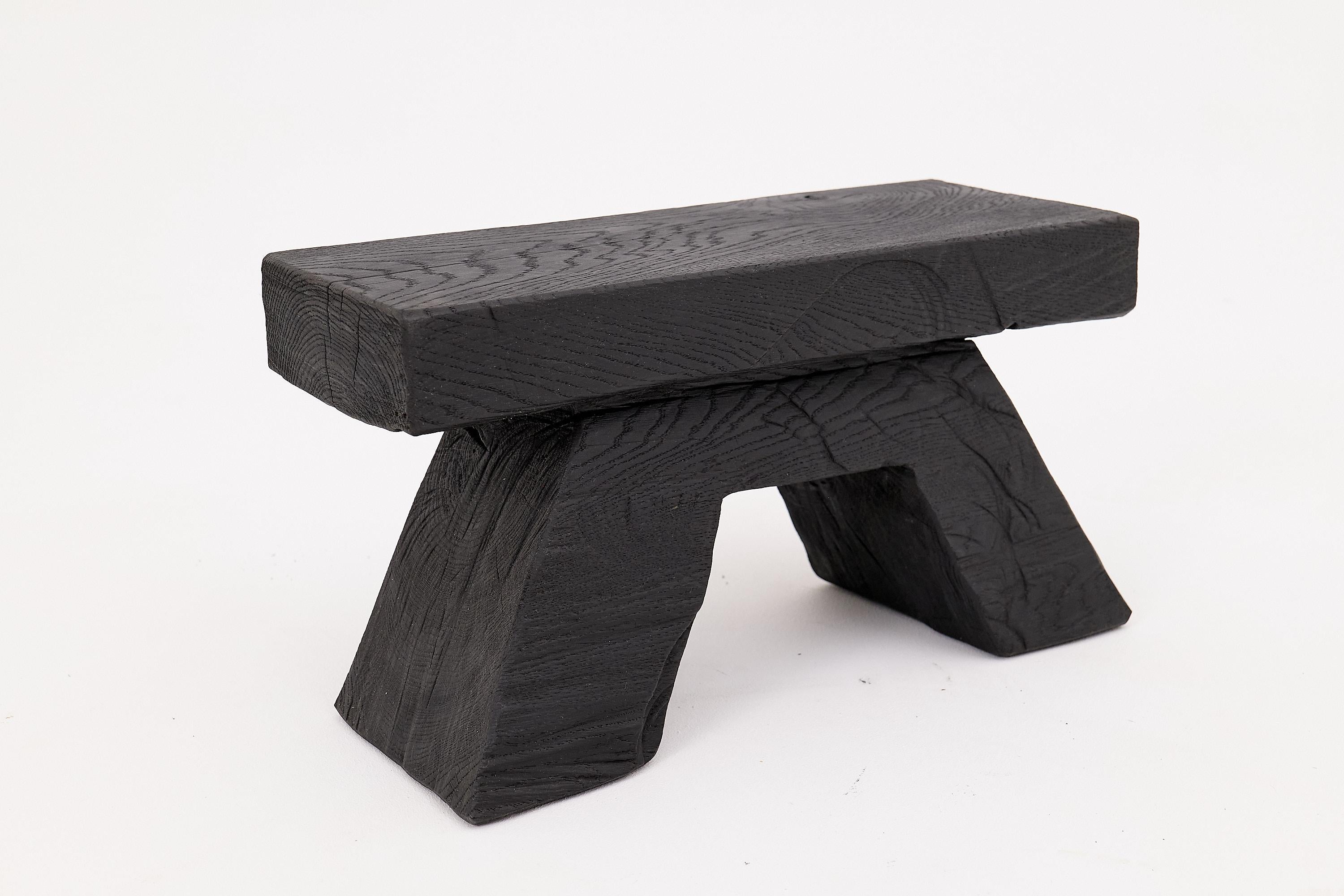 Carved Sculptural Charred Wood Stool with Geometric Base in Solid Hardwood, Logniture For Sale