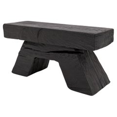 Sculptural Charred Wood Stool with Geometric Base in Solid Hardwood, Logniture