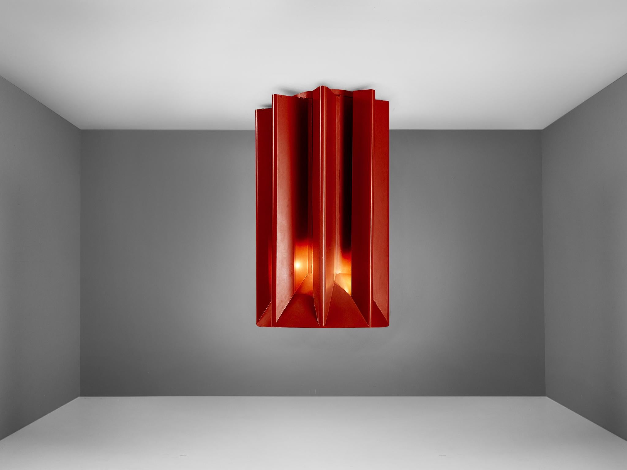 Post-Modern Sculptural Chimney in Burgundy Red Steel with Integrated Lights  For Sale