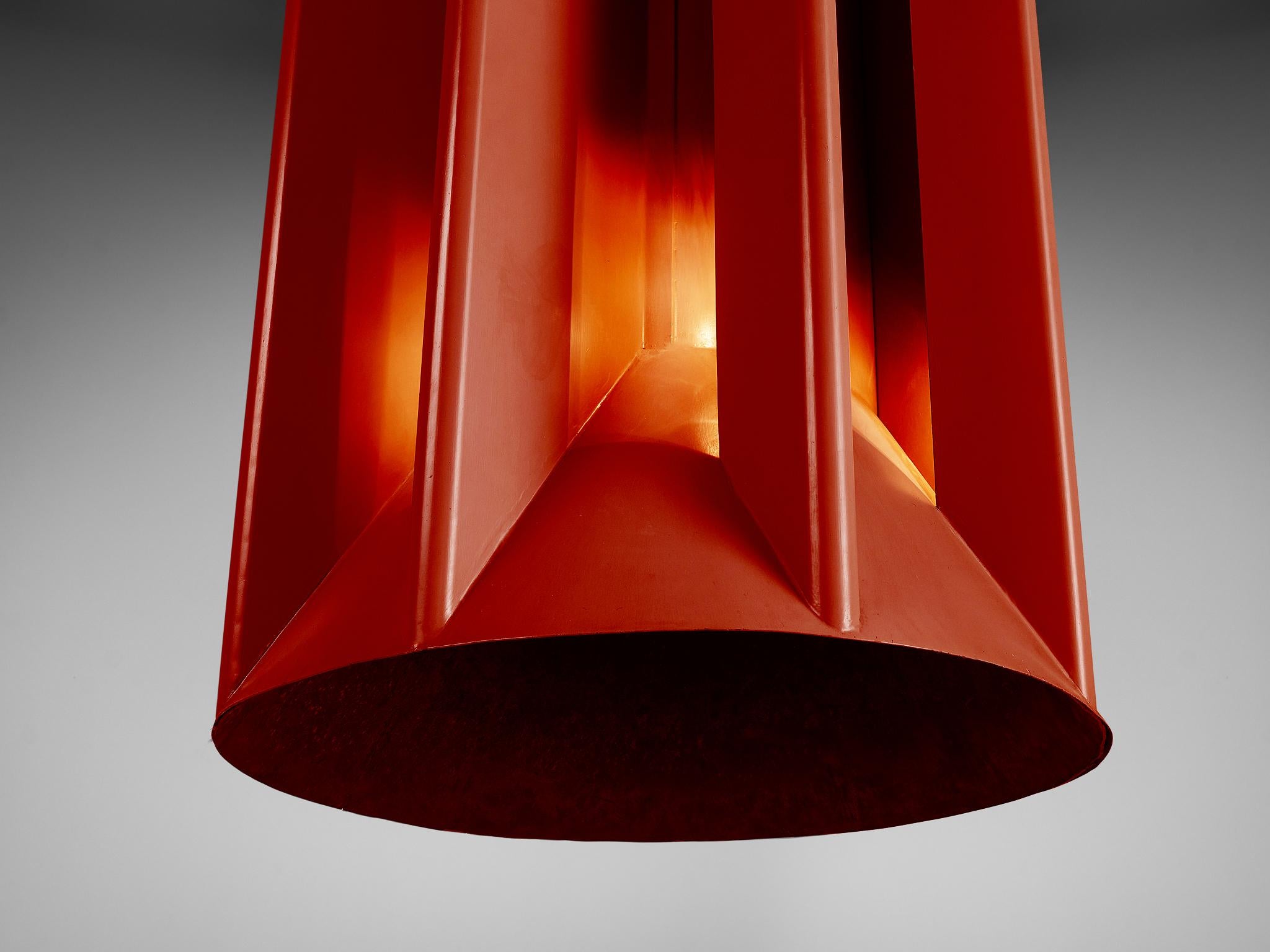 European Sculptural Chimney in Burgundy Red Steel with Integrated Lights  For Sale