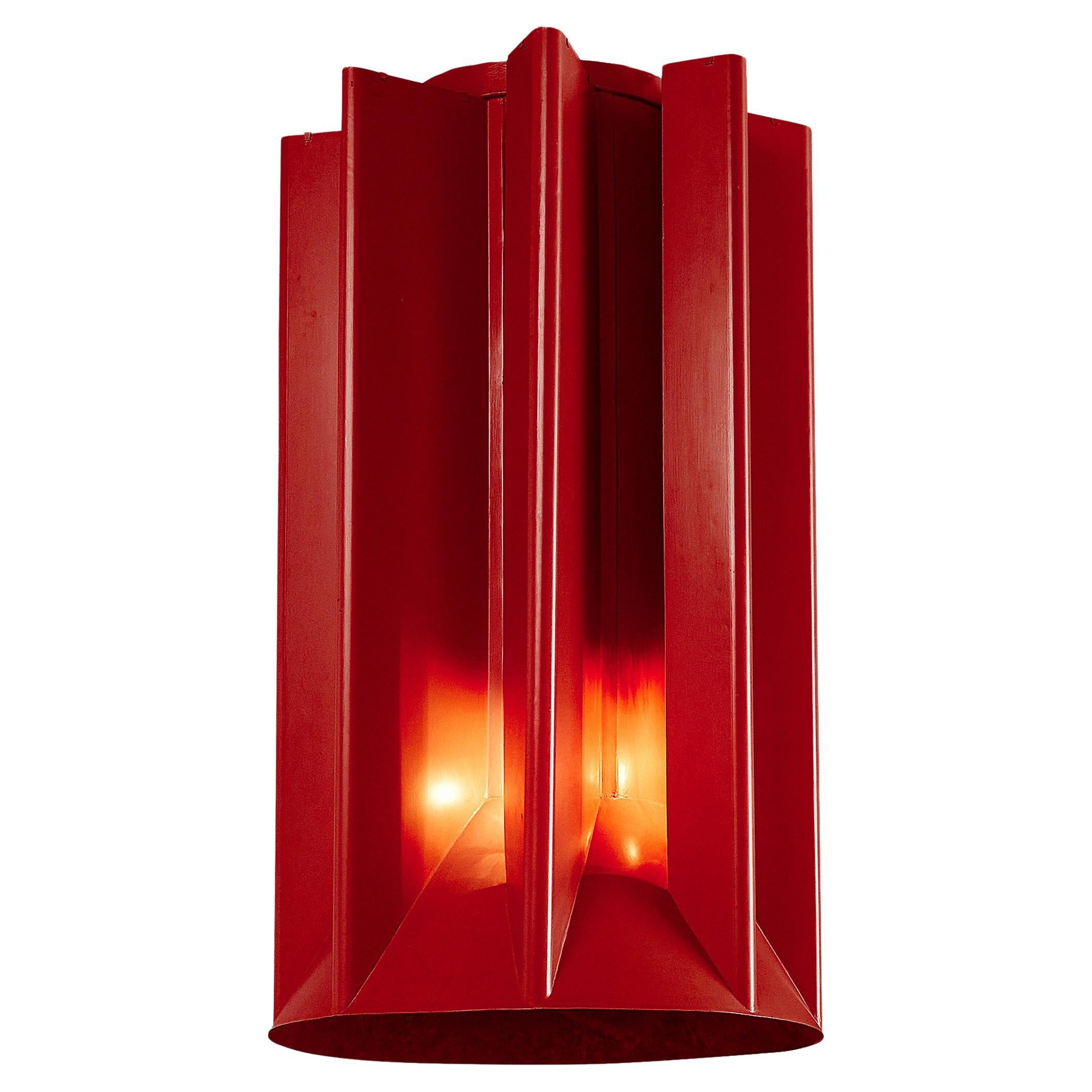 Sculptural Chimney in Burgundy Red Steel with Integrated Lights 