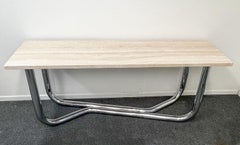 Table console sculpturale en chrome et travertin attribuée à Paul Tuttle