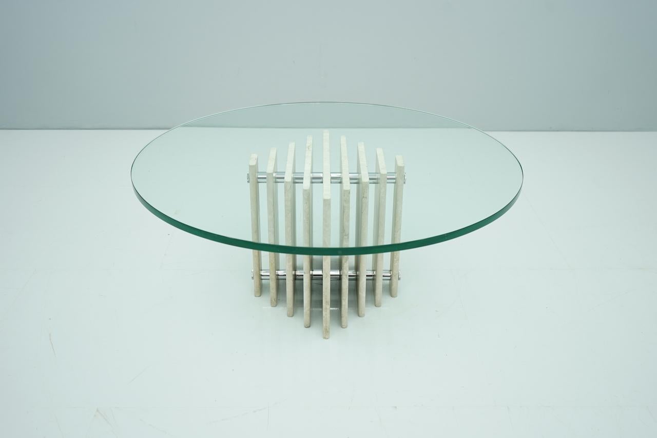 European Sculptural Circular Travertine Coffee Table with a Glass Top, 1970