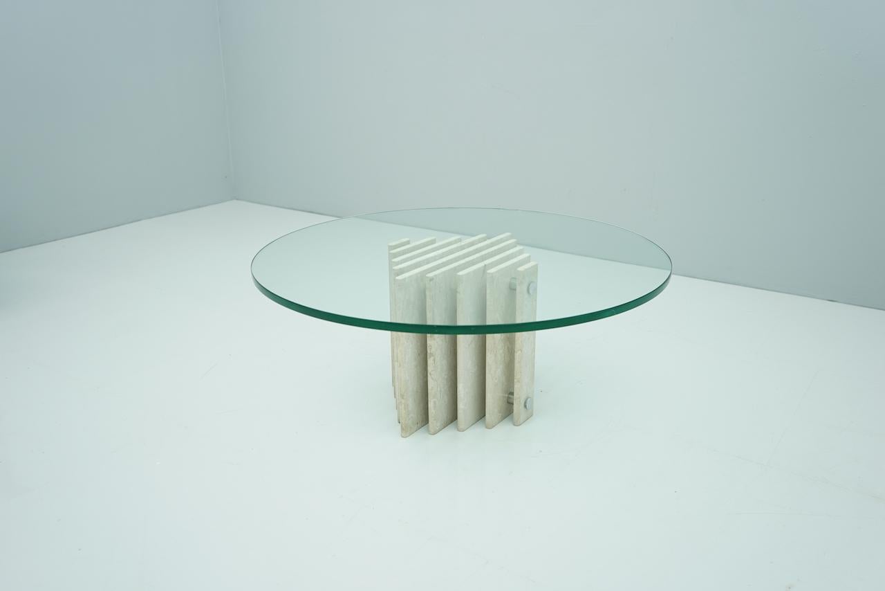 Late 20th Century Sculptural Circular Travertine Coffee Table with a Glass Top, 1970