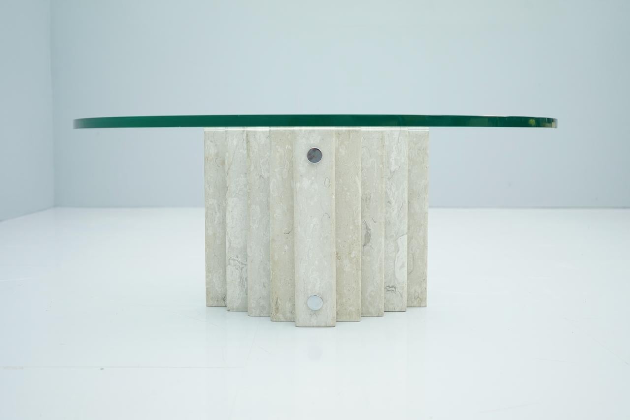 Metal Sculptural Circular Travertine Coffee Table with a Glass Top, 1970