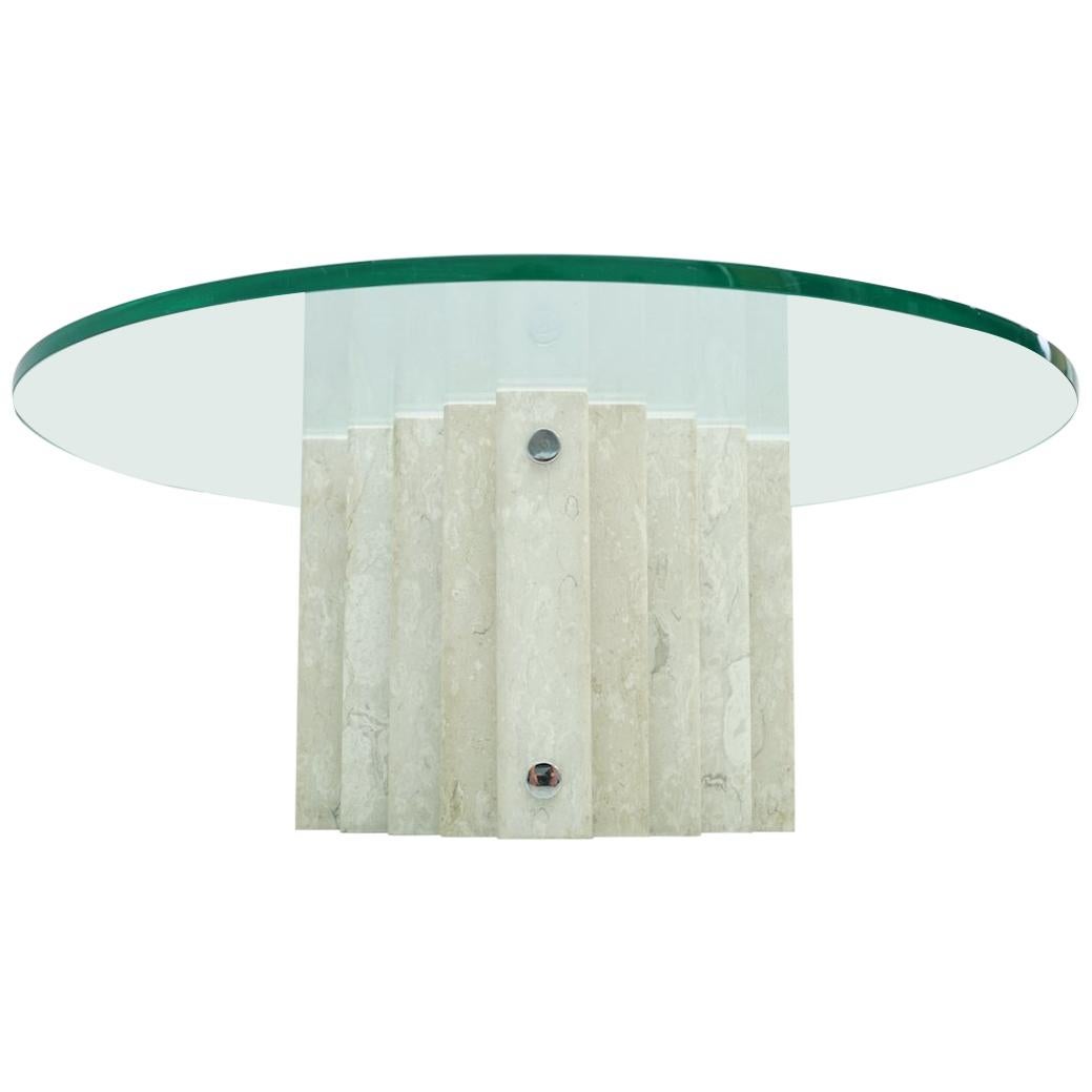 Sculptural Circular Travertine Coffee Table with a Glass Top, 1970
