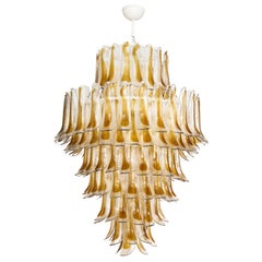 Sculptural Clear and Amber Murano Glass Petals or "Selle" Drop Chandelier, Italy