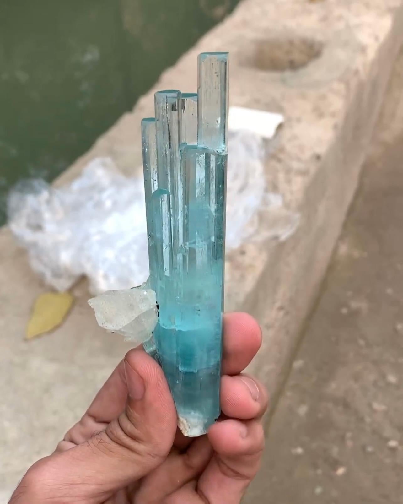 Informations sur le produit :

Nom du spécimen : Aigue-marine avec quartz
Poids : 136 grammes
Dimensions : H : 12,5 x L : 4,5 x P : 3 cm : H : 12,5 x L : 4,5 x P : 3 cm 
Traitement : Aucun
Origine : Mine Goand, vallée de Shigar, district de Skardu,