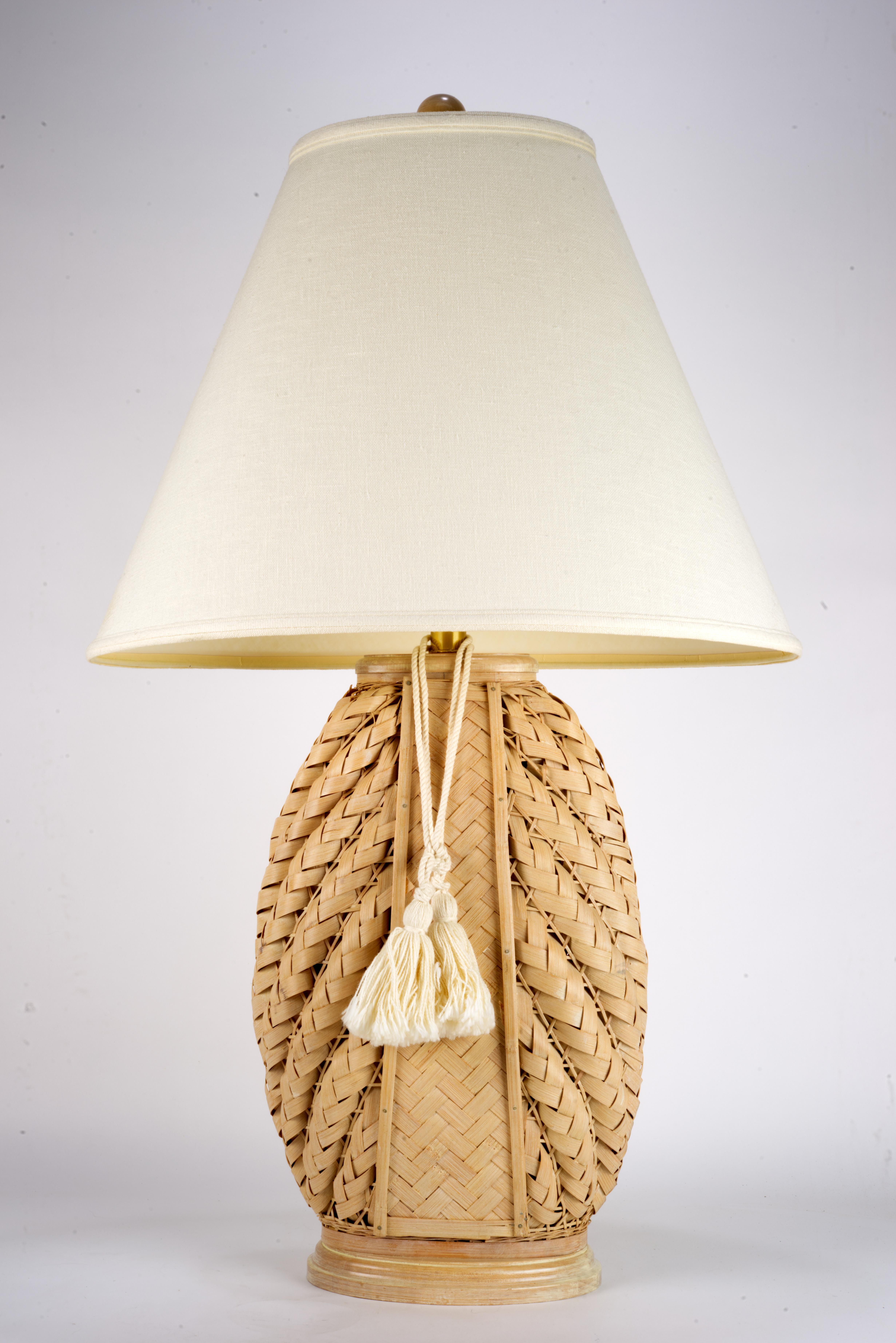 American Sculptural Coastal Rattan Table Lamp Organic Modern Wood Base For Sale