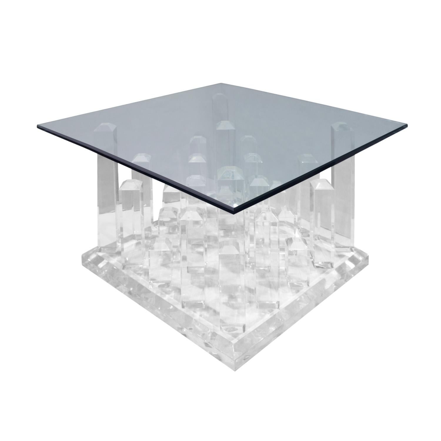 Modern Sculptural Coffee / End Table with Cityscape Lucite Base and Glass Top, 1970s For Sale