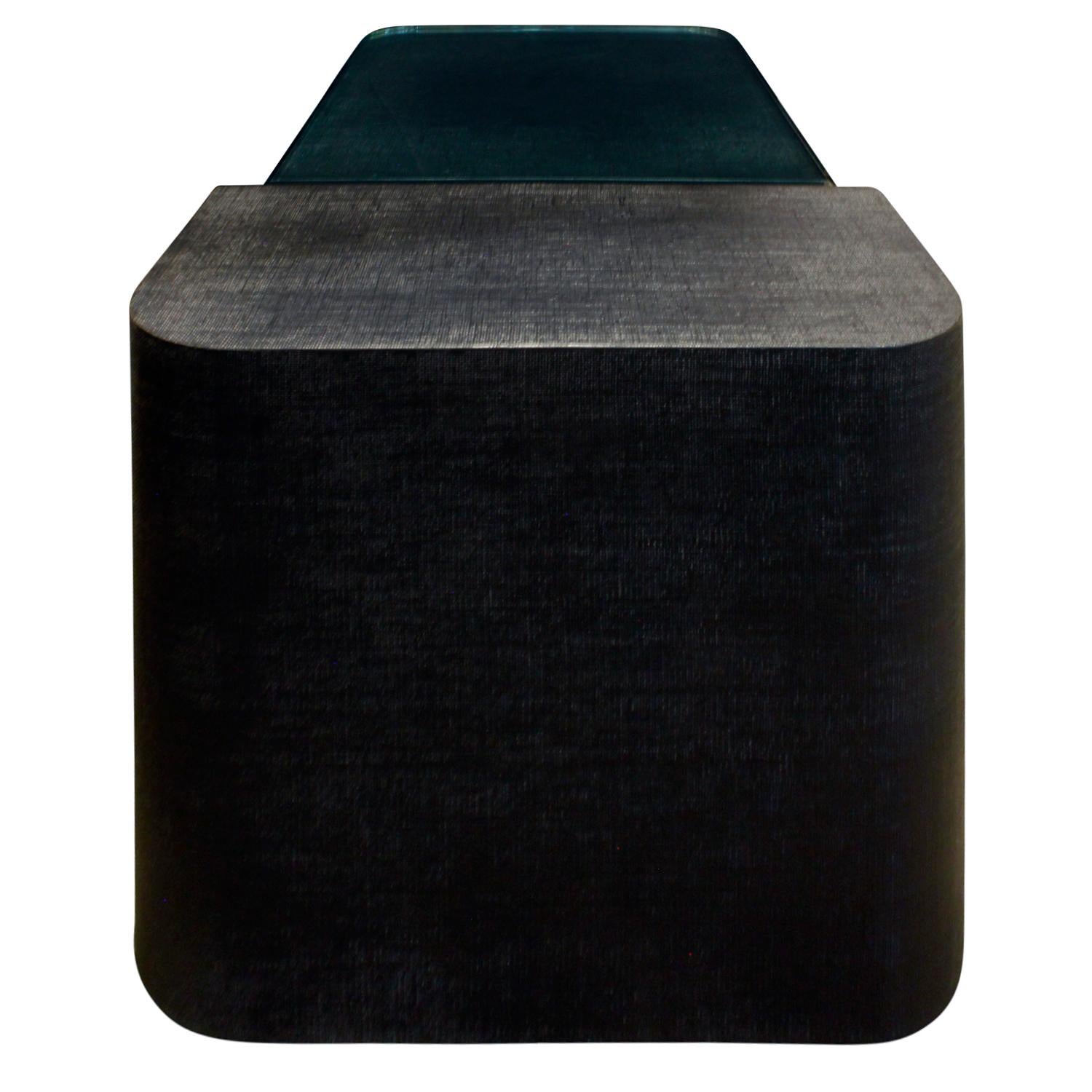 Mid-Century Modern Sculptural Coffee Table in Black Lacquered Linen and Glass, 1970s For Sale